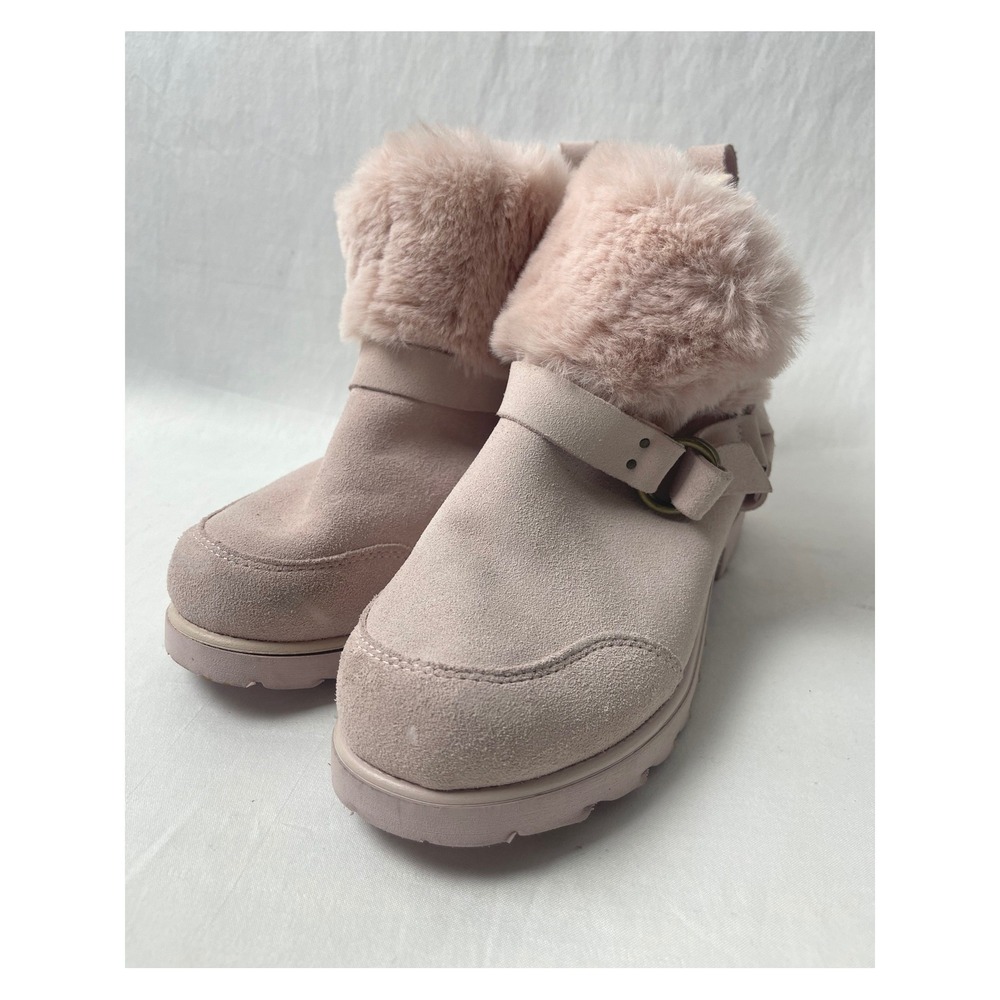 Bearpaw Roxy Suede Faux Fur Ankle Boot Women 12 Pink Excellent Harness Buckle